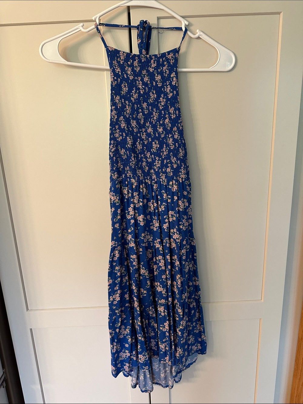 Blue Floral Smocked Top with Pink Accents